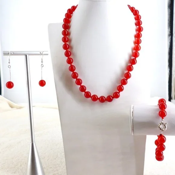 Red Necklace, Bracelet, Earring Set Glass Beads Fancy Clasp 18" - 21" NWOT Mint - Picture 7 of 7